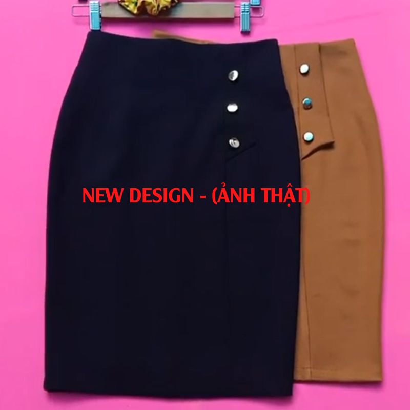 Chân Váy Nữ Công Sở New Design Thiết Kế Dáng Váy Midi, Dài 60cm ,Phối Nút, Phom Chuẩn Tôn Dáng Sang Trọng Vải Tốt co Giãn, Màu Đen CV0016