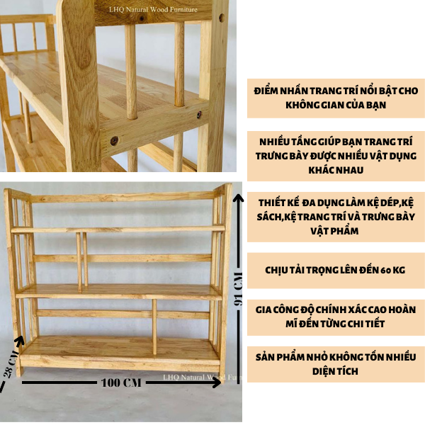 Kệ sách gỗ 3 tầng ngang 1M - Kệ sách gỗ cao su - Có 2 màu cho bạn lựa chọn - Kệ sách lắp ráp