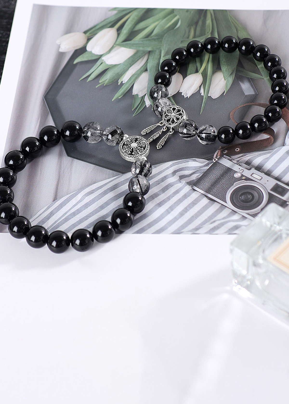 Vòng tay đôi đá Obsidian phối thạch anh tóc đen và charm bạc mệnh thủy, mộc - Ngọc Quý Gemstones