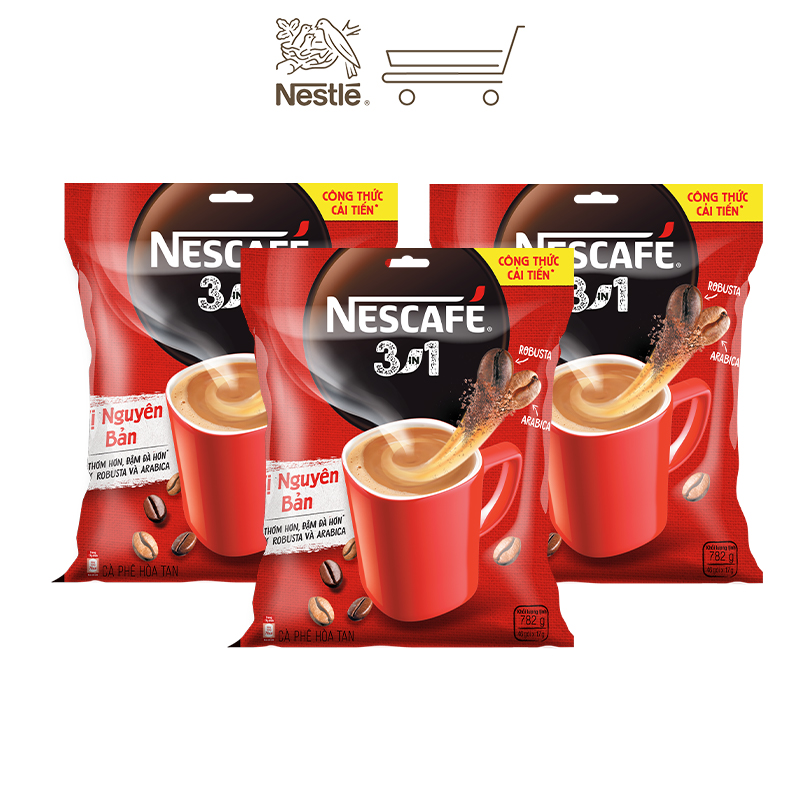 [Quà tặng tháng 11 - Mua 1 Tặng 1 Túi vải] Combo 3 bịch cà phê hòa tan Nescafé 3in1 vị nguyên bản - công thức cải tiến (Bịch 46 gói)