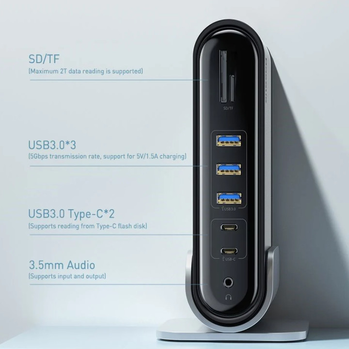 Hub chuyển đổi đa năng 16 trong 1 Baseus CAHUB-BG0G  (Type C*4 / HDMI / VGA / RJ-45 Gigabit / SD,TF Card / USB3.0*3/ USB2.0*2/ Audio AUX 3.5mm/ DC 12V) - Hàng Nhập Khẩu