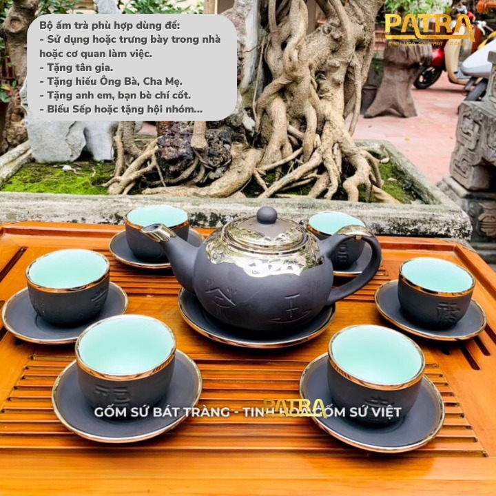 Bộ ấm chén uống trà cao cấp , bộ ấm trà Bát Tràng - trường sa phúc lộc thọ bọc đồng