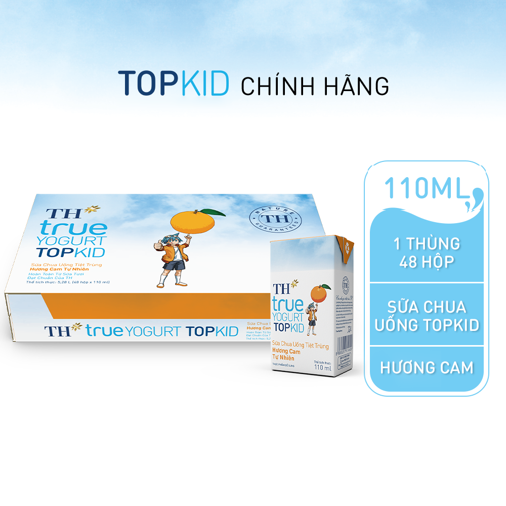 Thùng 48 hộp sữa chua uống tiệt trùng TH true YOGURT TOPKID hương cam tự nhiên 110 ml (110 ml x 48)