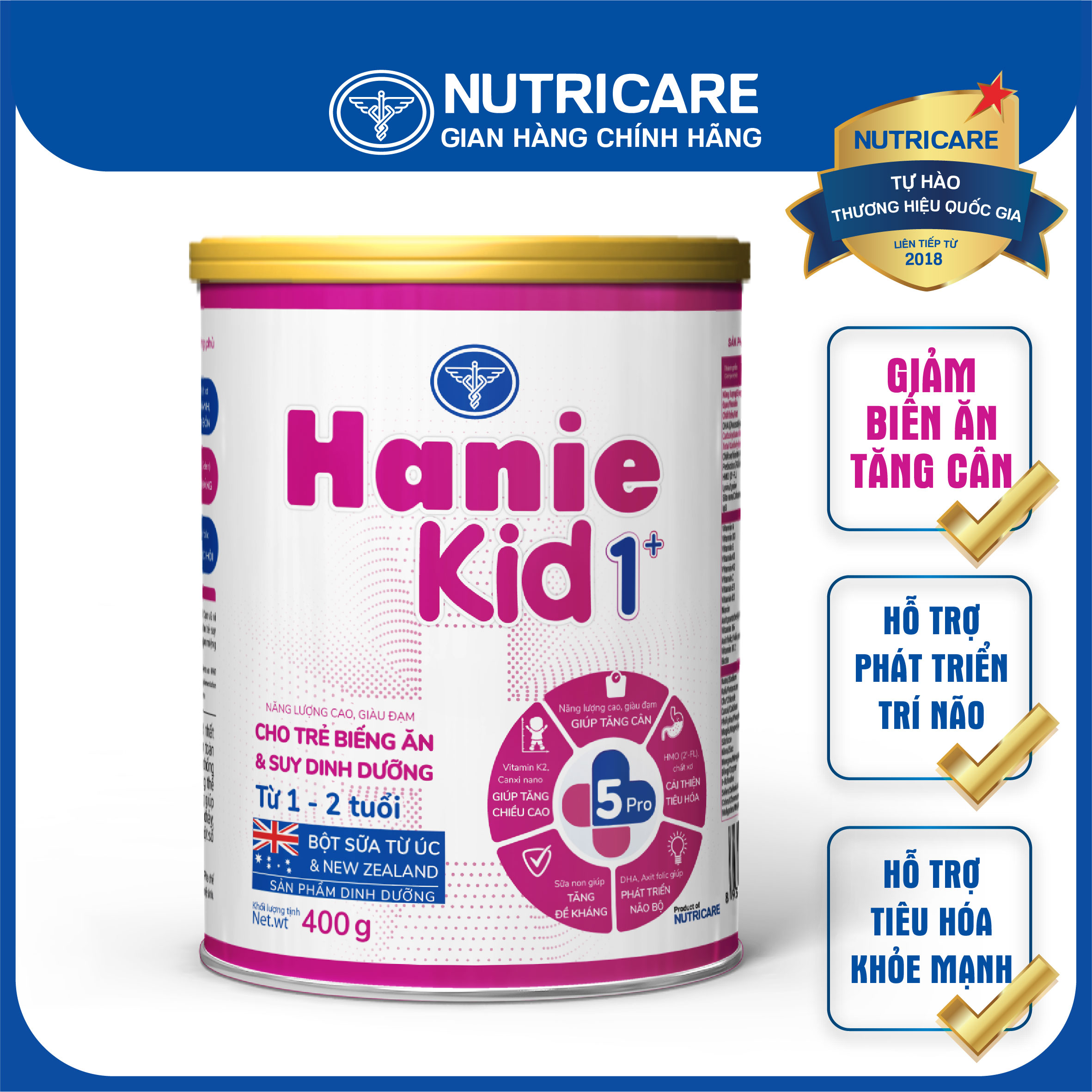 Sữa bột Nutricare Hanie Kid 1+ cho trẻ biếng ăn suy dinh dưỡng 400g