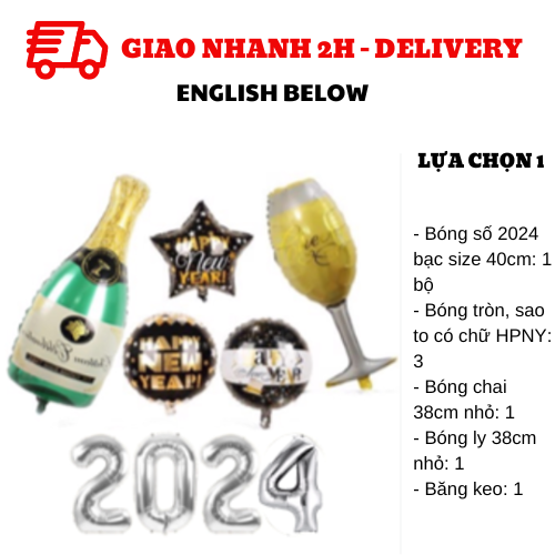 Bộ bong bóng trang trí Tiệc Năm Mới hình chai, ly - Happy new year combo cbhp02