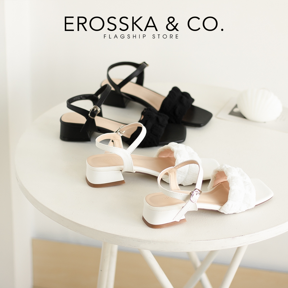 Erosska - Giày sandal cao gót nữ mũi hở quai ngang bèo nhún - EB053