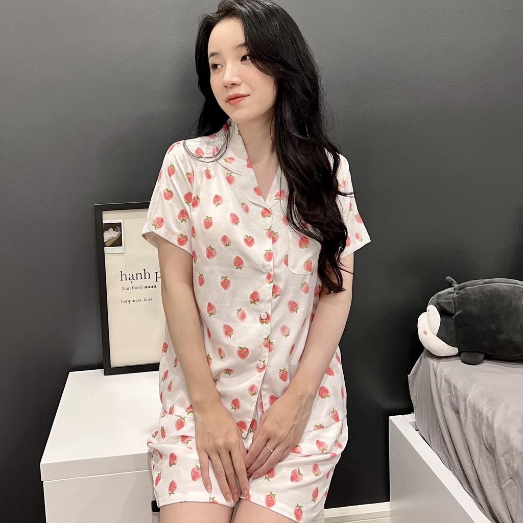 BỘ PIJAMA ĐŨI NỮ MẶC NHÀ - Mẫu Quả Dâu Chất Vải Cao cấp