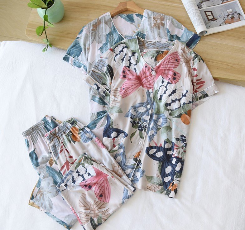 Bộ Đồ Pijama Nữ Mặc Nhà Ngắn Tay Azuno BN0609 Chất Liệu Cotton Lụa Có Lót Ngực Tiện Lợi Cho Mùa Hè