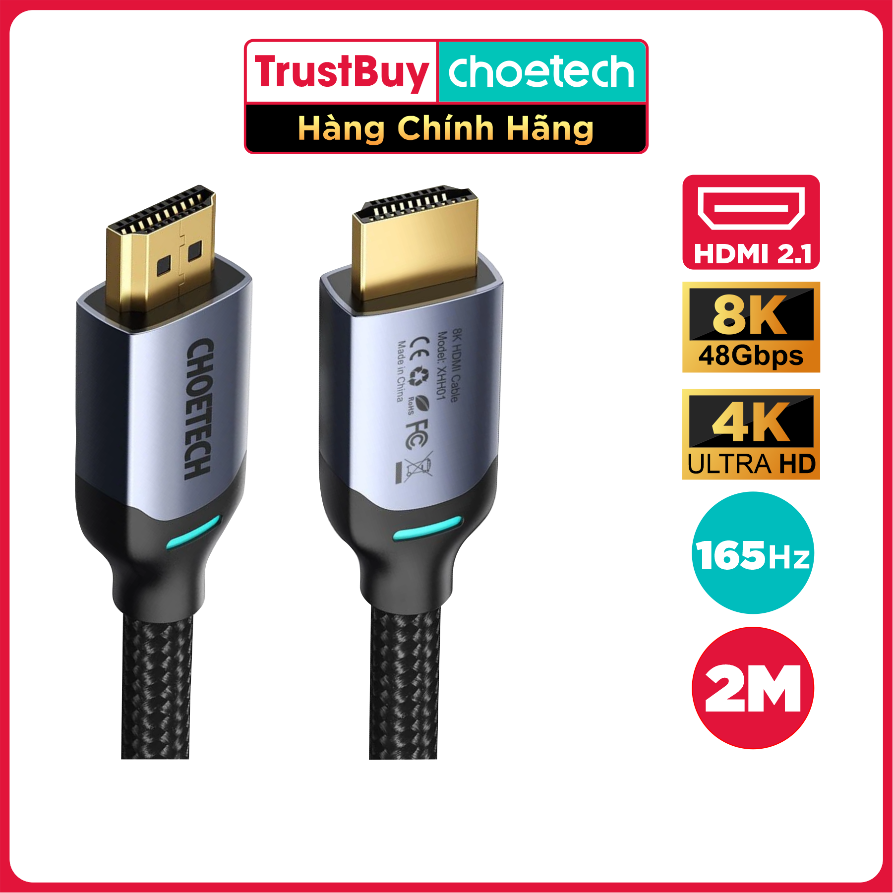 Dây Cáp Dù Lõi HDMI 2.1 8K 48Gbps, 4K 165Hz Dài 2M CHOETECH XHH01 Dùng Cho Tivi/ Máy Tính/ Playstaysion - Hàng Chính Hãng