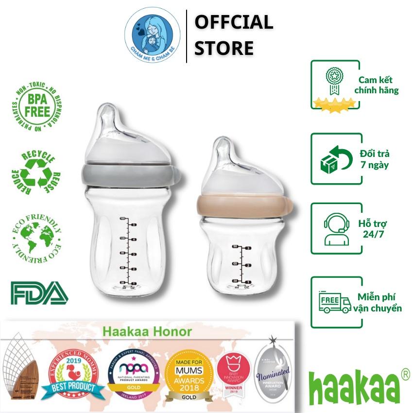Bình sữa thủy tinh Gen.3 Haakaa. Không chứa BPA, PVC và phthalate. Chống sặc, chống đầy hơi cho bé. Dung tích 90ml và 160ml