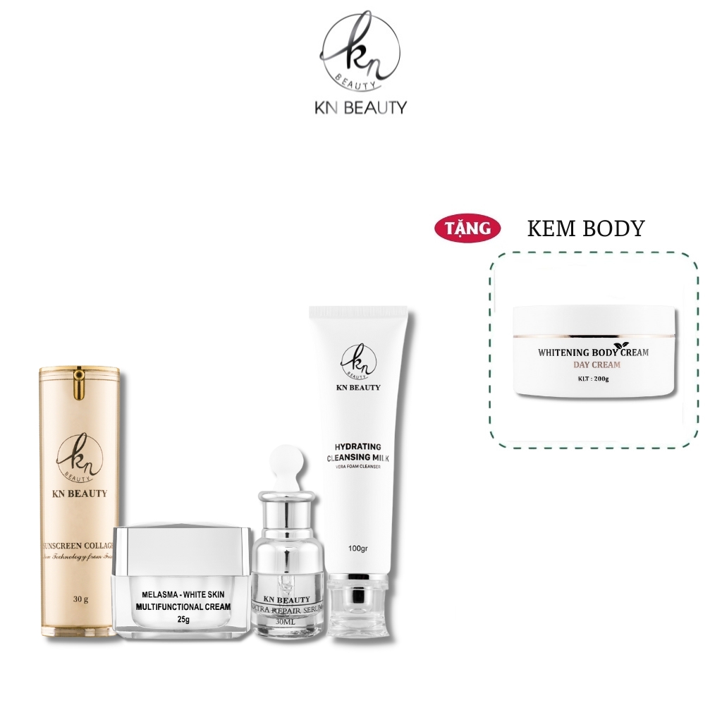 Bộ 4 bước chăm sóc da Trắng sáng Ngừa Nám KN Beauty chuyên sâu: Kem dưỡng 25g + Serum 30ml + Sữa Rửa Mặt 100gr + Kem chống nắng 30g (QUÀ TẶNG) - PHỤNG BEAUTY