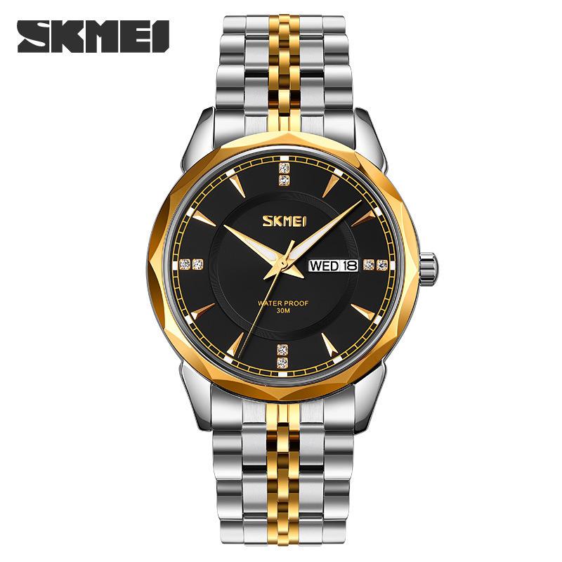 Phong Cách Mới Nhất Skmei Moment Beauty Thời Trang Dây Thép Không Gỉ Chắc Chắn Nam Lịch Kép Chống Nước Phong Cách Doanh Nhân Đồng Hồ Thạch Anh