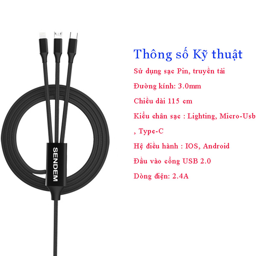 Cáp sạc 3 chân Sendem M10, cáp sạc 3in1 - Hàng chính hãng, dây sạc Lightning, Microusb, TypeC - cáp sạc đa năng sạc nhanh truyền dữ liệu tốt