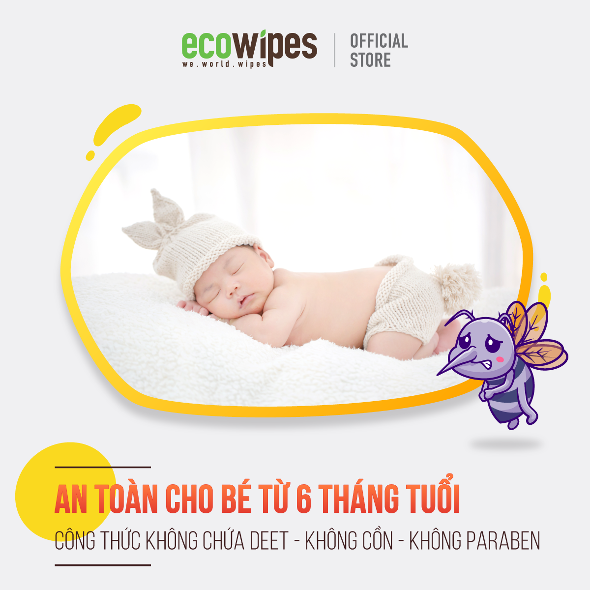 Khăn ướt chống muỗi Ecowipes gói 10 tờ Mosquito Repellent Wipes giúp làm sạch vết mẩn ngứa vừa chống muỗi đốt lên đến 6h an toàn cho làn da nhạy cảm của trẻ