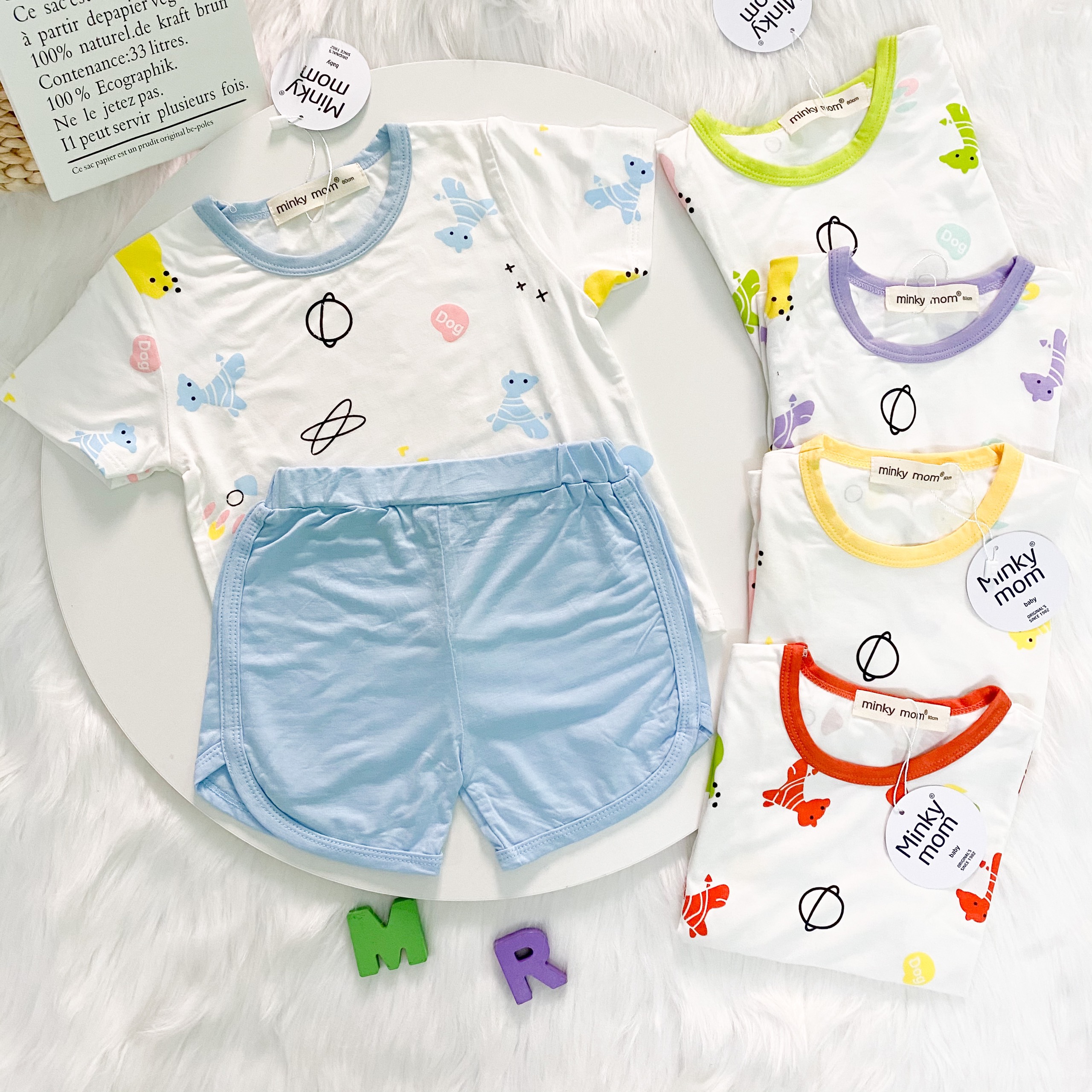 Bộ Ngắn Tay THUN LẠNH MINKY MOM In Thân Áo Trắng, Phối Viên, Quần Trơn Cho Bé 8-29KG