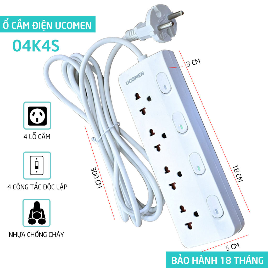 Ổ cắm điện Ucomen - 04 Công Tắc Độc Lập - Trắng (Dây 3m)