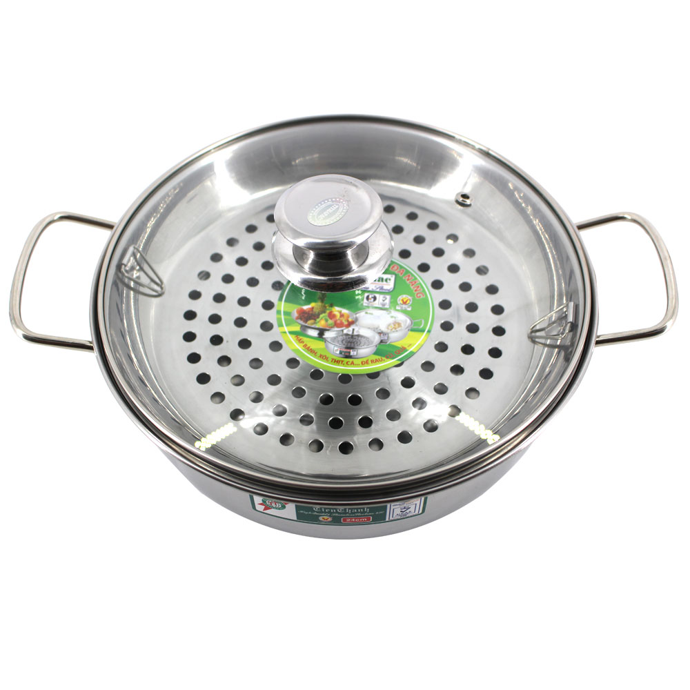 Nồi lẩu Inox nắp kiếng có vỉ hấp loại đường kính và 24 cm Tithafac