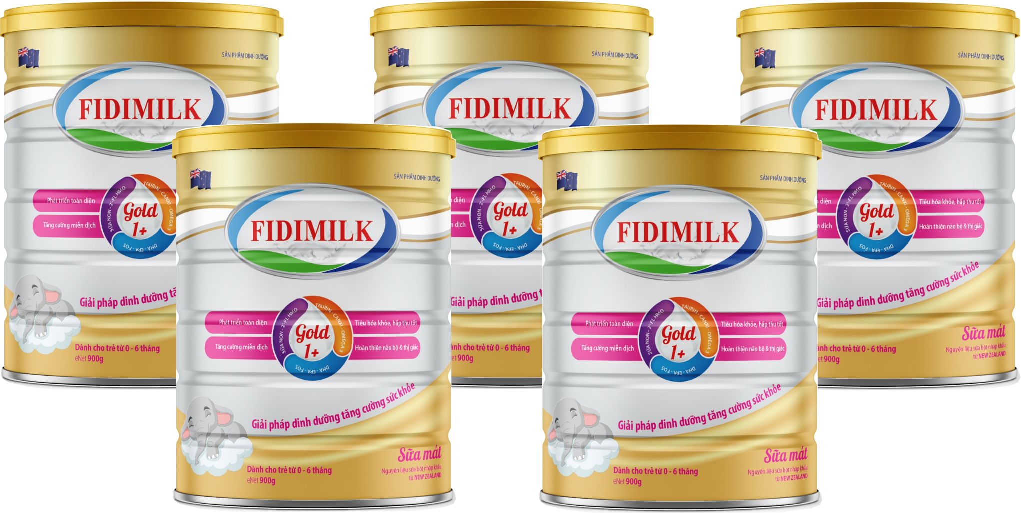 Combo 5 lon Sữa công thức FIDIMILK GOLD 1+ lon 900g - Dinh dưỡng phát triển toàn diện, Dành cho bé 0-6 tháng tuổi.