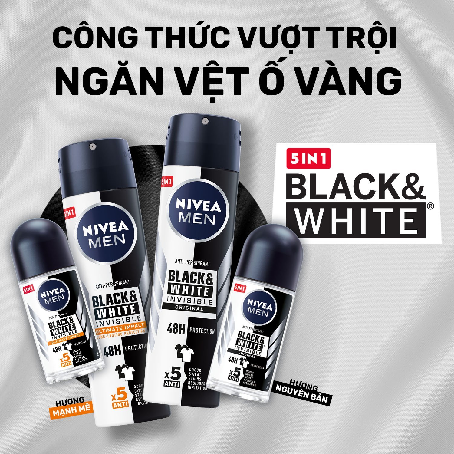 Bộ 2 Lăn Ngăn Mùi NIVEA MEN Black &amp; White 5In1 Ngăn Vệt Ố Vàng Hương Nhẹ Nhàng (50 Ml) - 82245