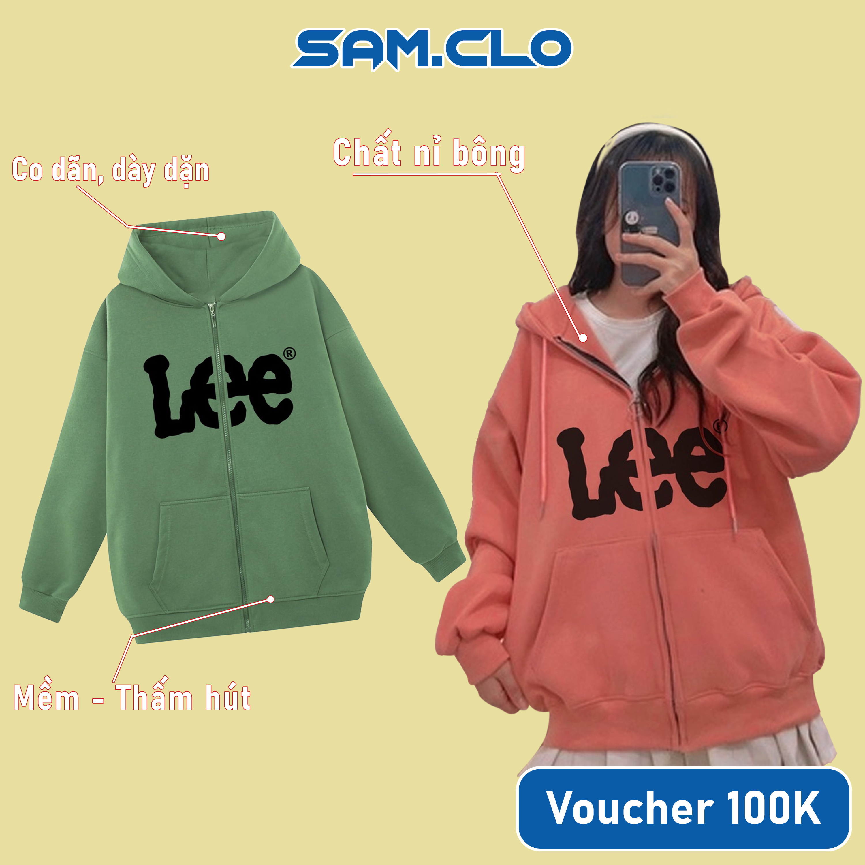Áo khoác Hoodie Zip nam nữ SAM CLO - Áo khoác nỉ có mũ tay dài thu đông freesize dáng unisex ZIP LEE