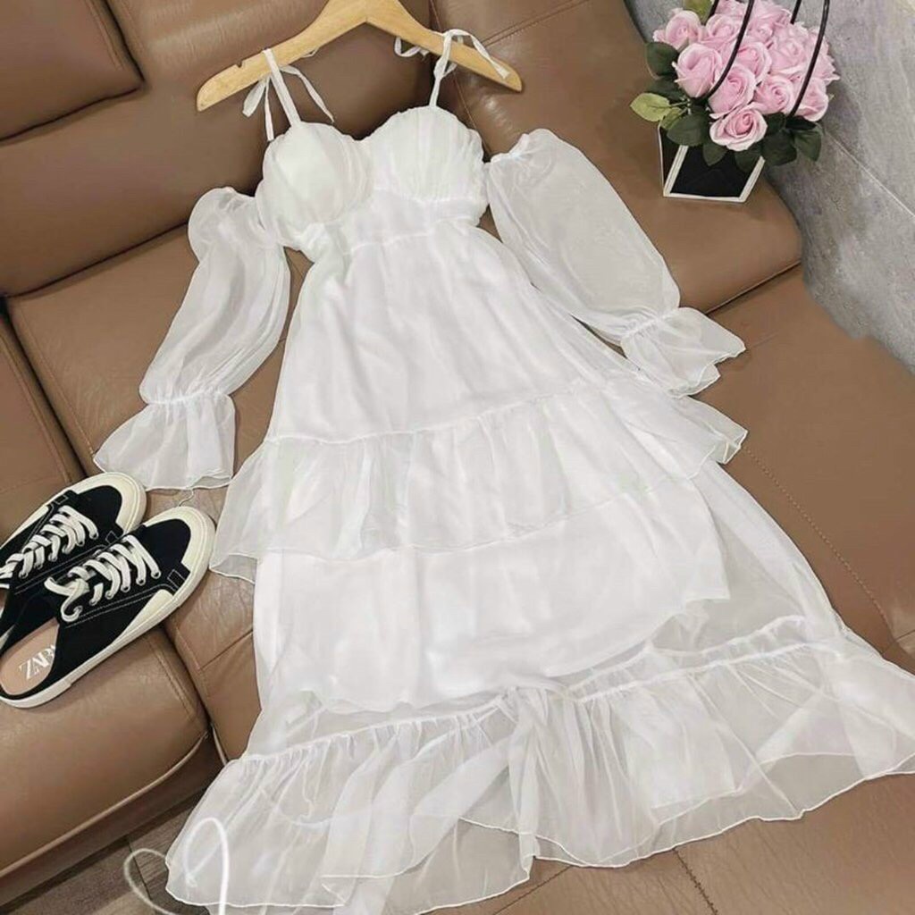 Đầm trắng hai dây tay dài tiểu thư cổ điển
