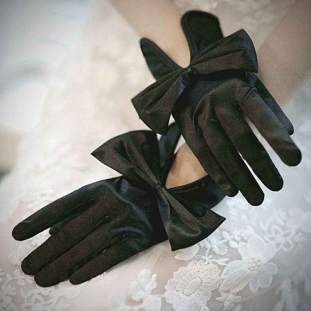 Găng tay satin màu đen đính nơ cho Cô dâu và Dạ hội, đi tiệc, sự kiện, đạo cụ cosplay, chụp ảnh, studio MS: 45035