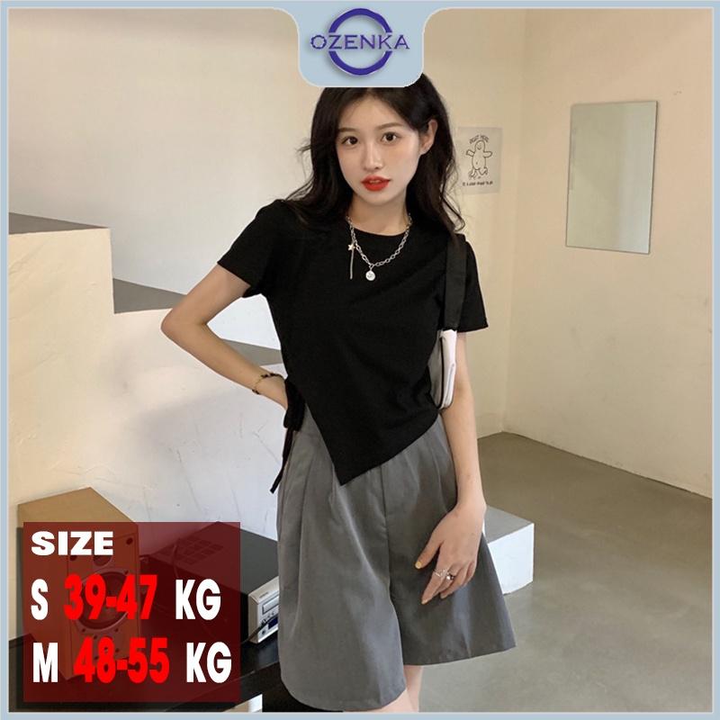 Áo croptop ulzzang kiểu vạt chéo rút dây rộng cổ tròn OZENKA , áo crt thun cotton basic màu đen trắng mặc đi học đi chơi