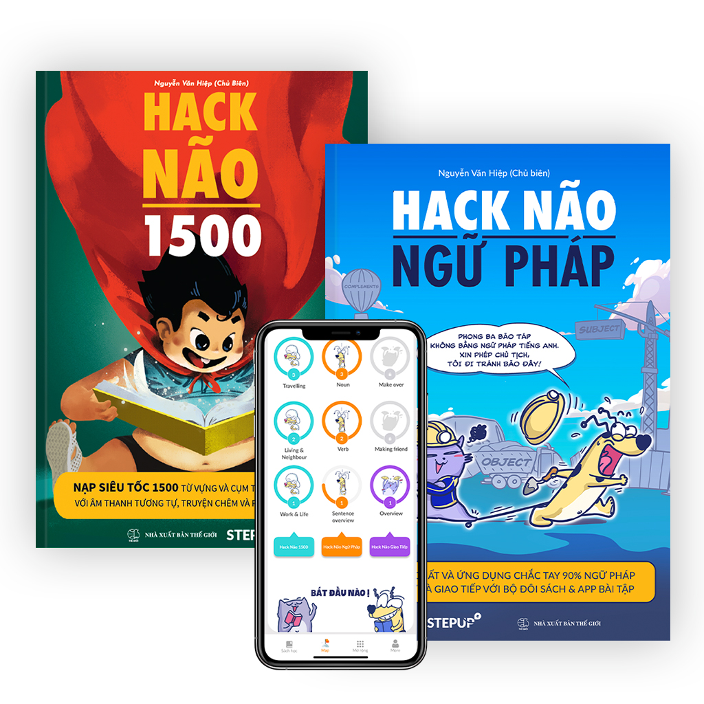 Combo 2 sách Hack Não 1500 + Hack Não Ngữ Pháp - Tặng App học phát âm và ngữ pháp, làm chủ từ vựng và nắm chắc ngữ pháp tiếng Anh chỉ sau 2 tháng