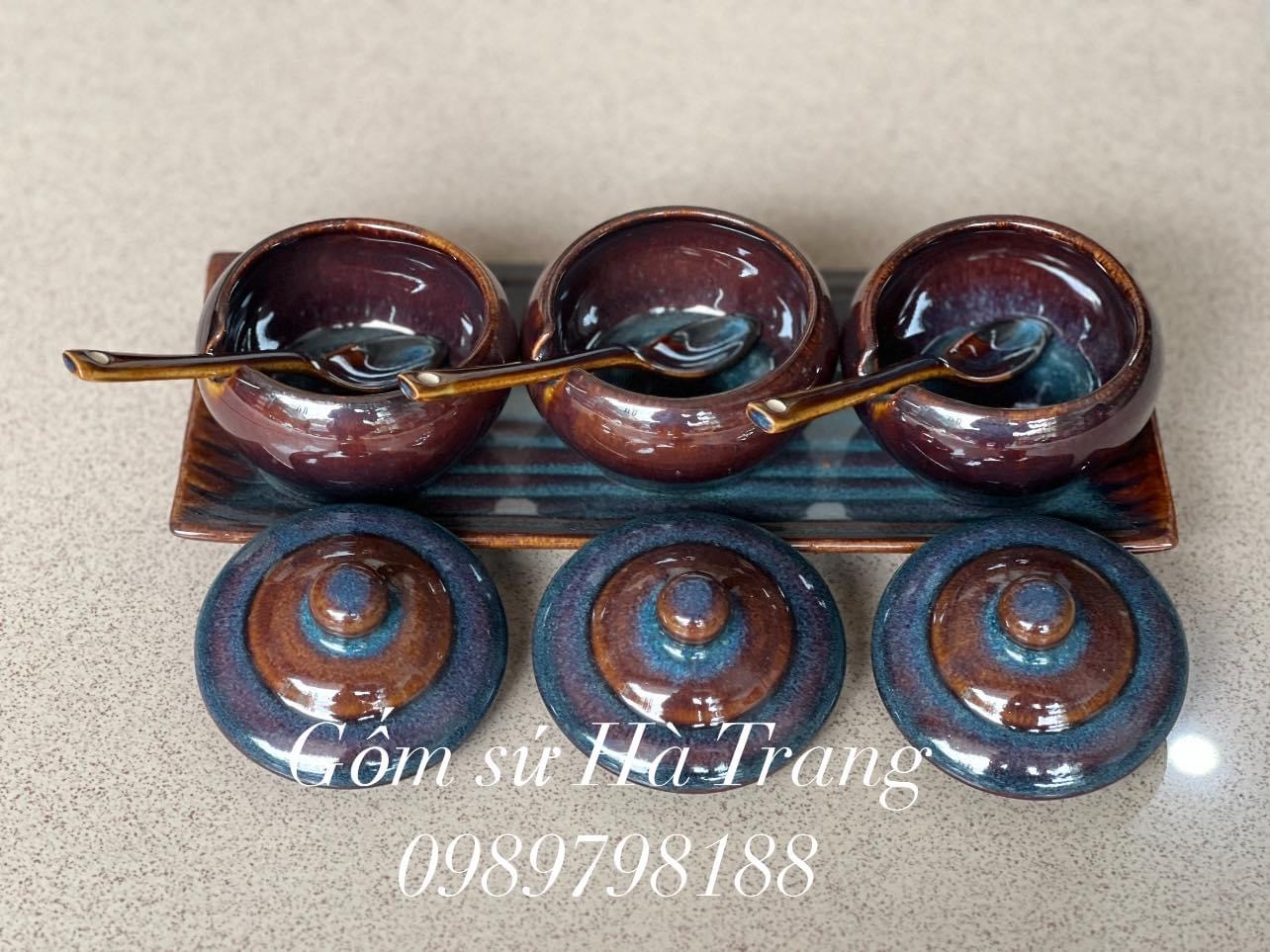 Bộ hũ gia vị gốm sứ Bát Tràng cao cấp men hoả biến lam
