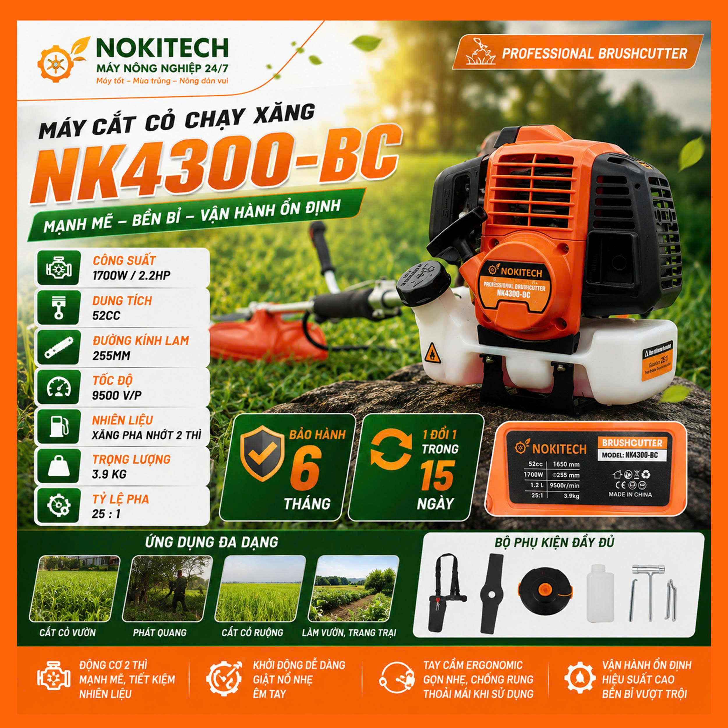 Máy cắt cỏ NOKITECH - NK4300 -BC chạy xăng - Máy phát cỏ động cơ 2 thì bảo hành 12 tháng