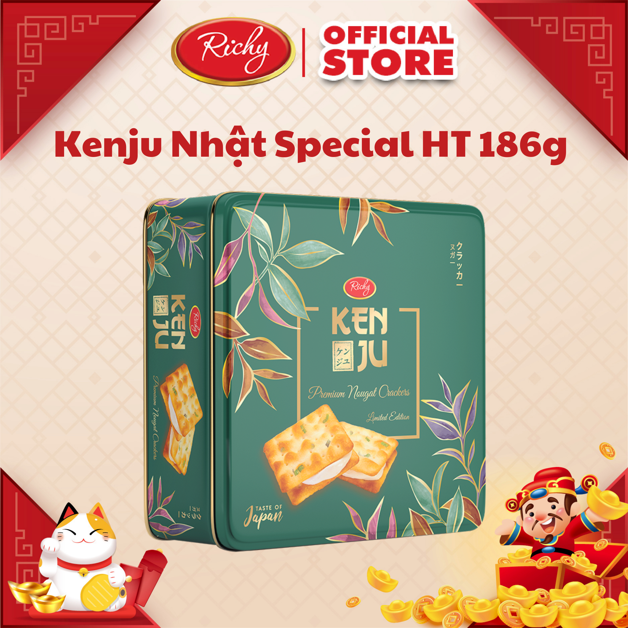Bánh quy hành Kenju Richy nhân kem dẻo hộp thiếc 372g - Tết 2024