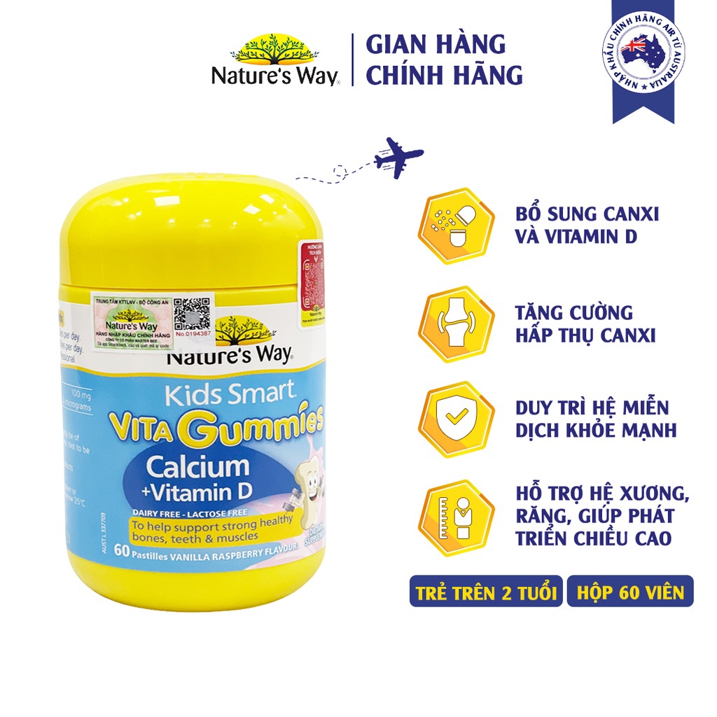 Canxi + Vitamin D cho trẻ 2-11 tuổi Gummies Calcium Vitamin D Nature's Way Úc giúp hỗ trợ xương, răng và cơ bắp khỏe mạnh, cao lớn - OZ Slim Store