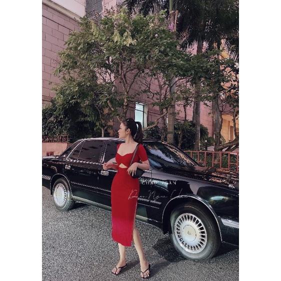 ĐẦM MIDI KHOÉT BỤNG XẺ ĐÙI