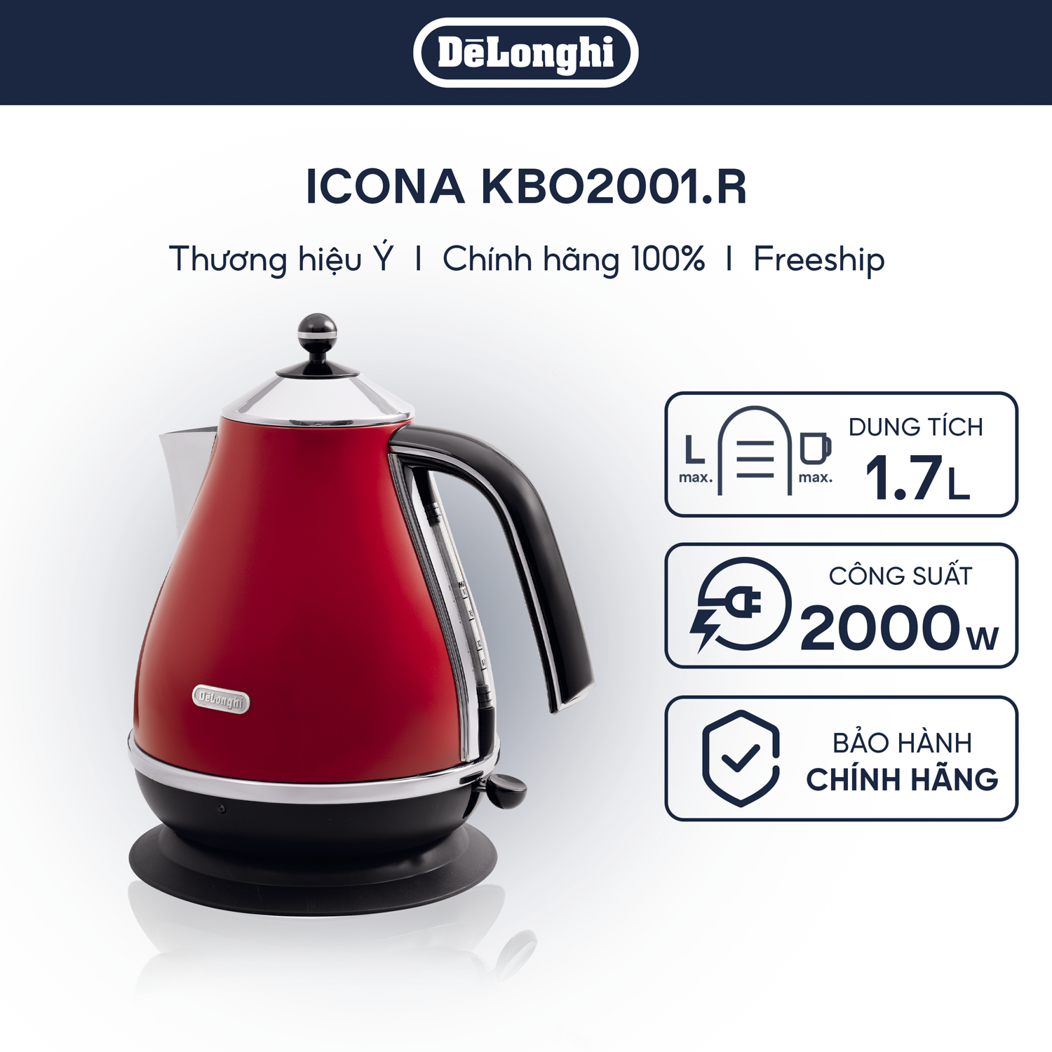 [Hàng chính hãng] Ấm đun nước siêu tốc DeLonghi Icona KBO2001 (B/ R)