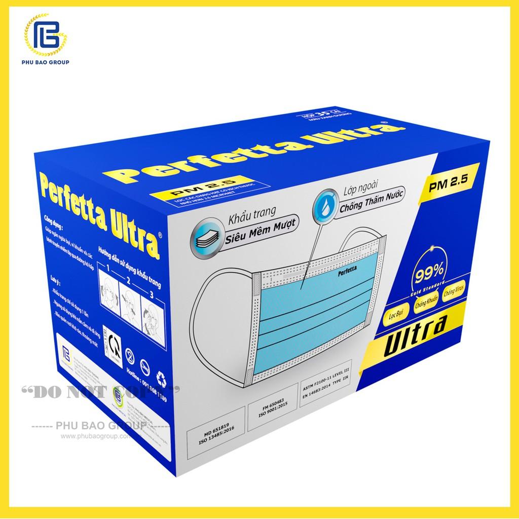 [1 HỘP - PERFETTA ULTRA] - Khẩu Trang Y Tế Chất Lượng Cao, Kháng Khuẩn, Chống Bụi Mịn PM 2.5, Màu Xanh, 4 Lớp, Bảo Vệ Tối Ưu, Đóng Gói Từng Cái - (35 cái/hộp)