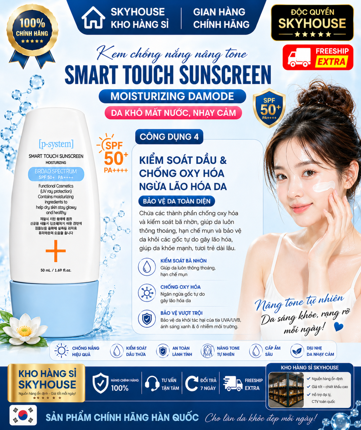 Kem chống nắng nâng tone SMART TOUCH SUNCREEN MOISTURIZING DAMODE chai 50ml da khô mất nước nhạy cảm chính hãng Hàn Quốc