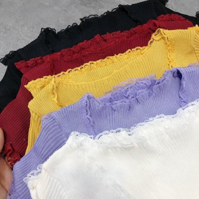 Áo len croptop cổ V phối viền ren