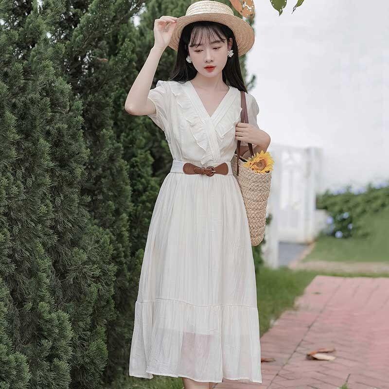 TOBE1SHOP Mùa hè ngắn tay áo v cổ đầm phụ nữ mùa hè ăn mặc 2023 Pháp hiển thị gầy eo đầm dài