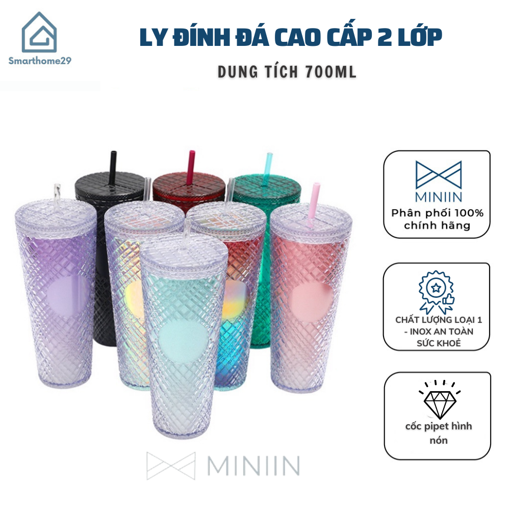 Ly Kim Cương 2 Lớp Cách Nhiệt Cao Cấp, Ly Uống Nước Chất Liệu PP Cách Nhiệt 2-3h + Tặng Kèm Ống Hút, Túi Đựng - HÀNG CHÍNH HÃNG MINIIN