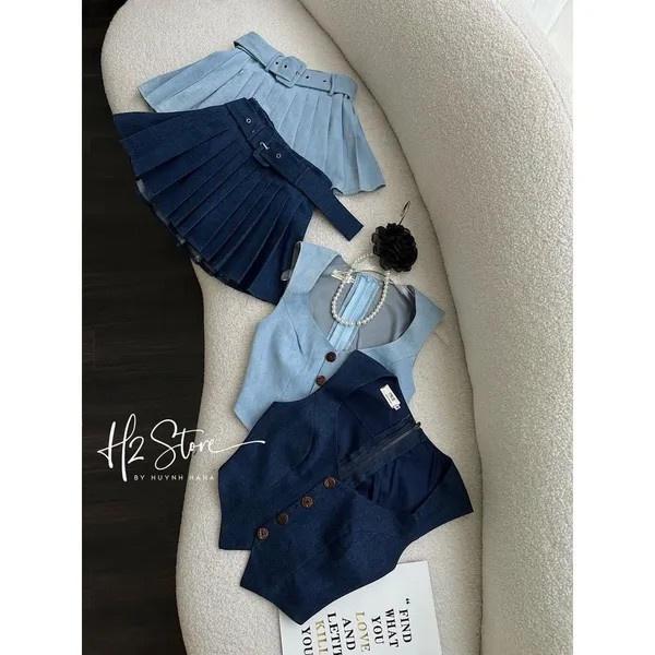 ĐẦM SET ÁO CROPTOP GILE DENIM JEANS + CHÂN VÁY NGẮN XẾP LY XÒE ĐI TIỆC ĐI CHƠI DẠO PHỐ ĐI BIỂN