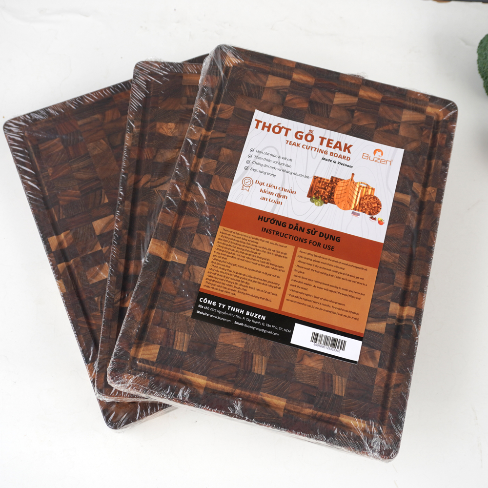 Thớt Gỗ Teak BUZEN Cao Cấp 35x25x3.8cm - Gỗ Cao Cấp Không Ra Mùn Dăm, Bảo Vệ Lưỡi Dao, Có Kiểm Định An Toàn