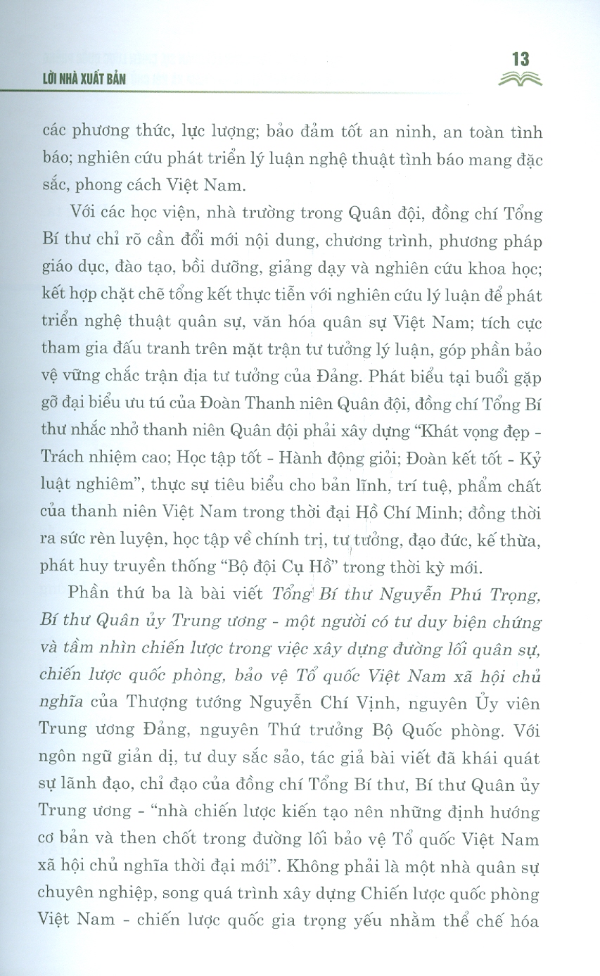 MỘT SỐ VẤN ĐỀ VỀ ĐƯỜNG LỐI QUÂN SỰ, CHIẾN LƯỢC QUỐC PHÒNG TRONG SỰ NGHIỆP XÂY DỰNG VÀ BẢO VỆ TỔ QUỐC VIỆT NAM XÃ HỘI CHỦ NGHĨA THỜI KỲ MỚI – Nguyễn Phú Trọng - NXB Chính Trị Quốc Gia Sự Thật.