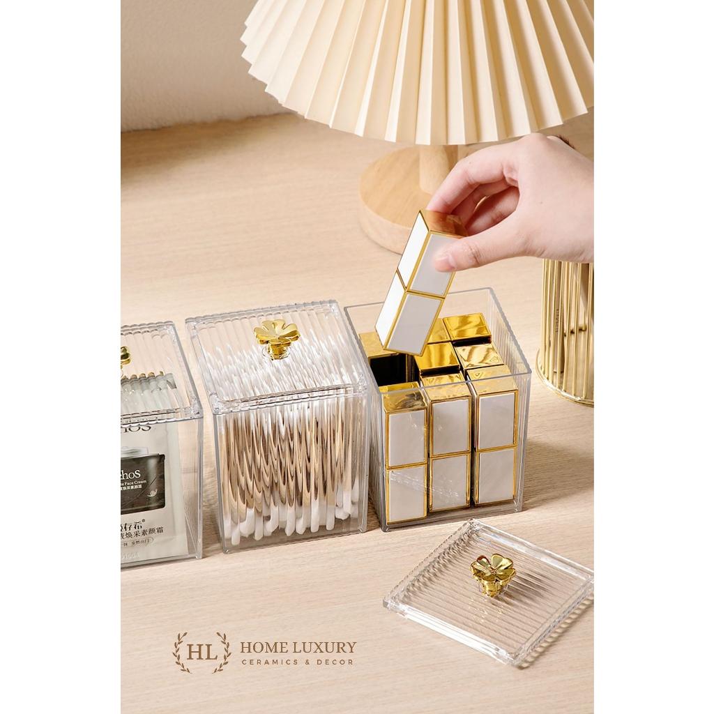 Lọ đựng tăm chỉ, bông mút, phụ kiện mỹ phẩm họa tiết vuông sọc kẻ núm hoa vàng Decor