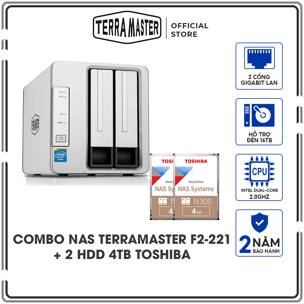 Combo ổ cứng mạng NAS Terra Master F2-221 + Ổ cứng NAS iHDD Toshiba N300 4TB - Hàng chính hãng