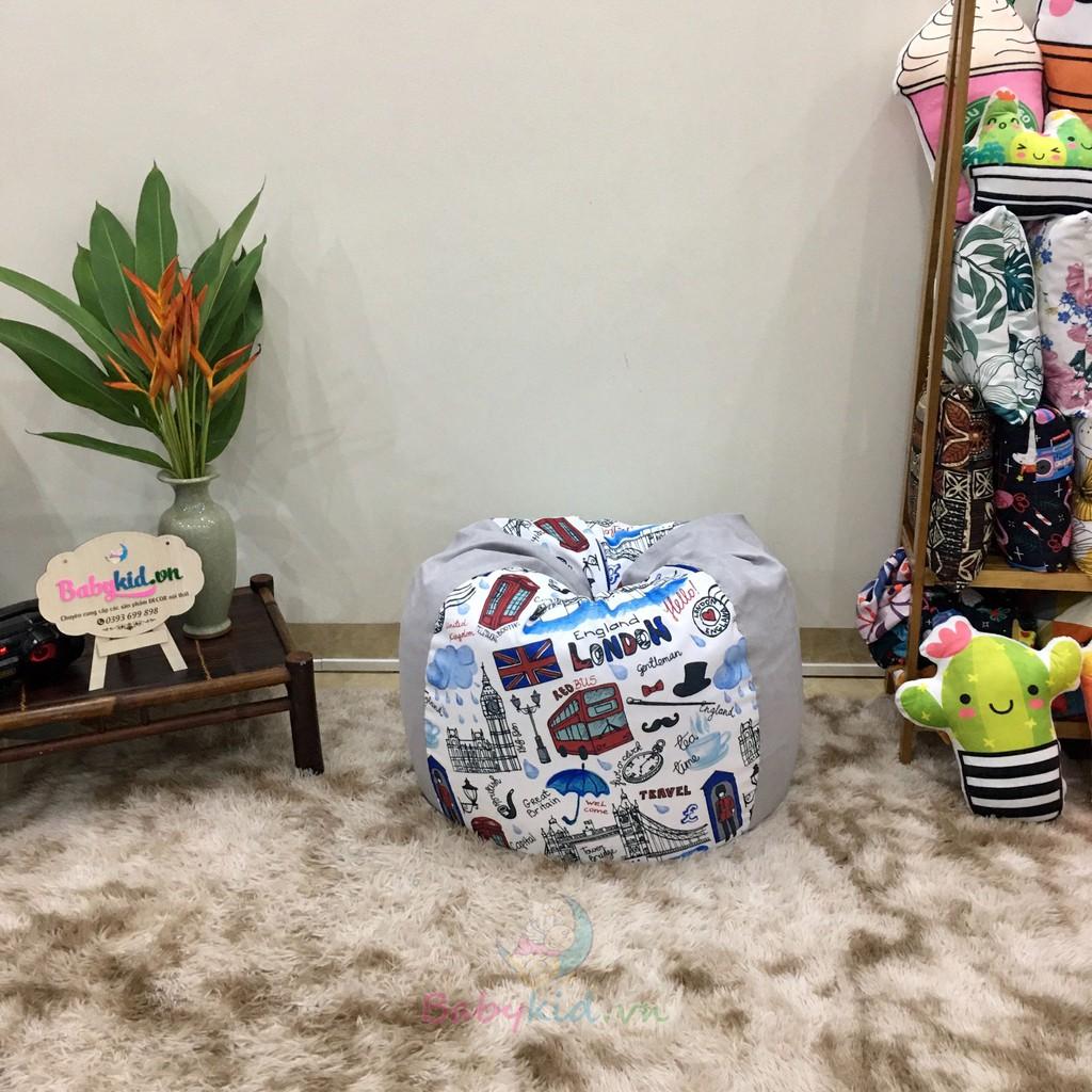 Ghế lười dáng lê size M 80x100cm, có xốp, hình london 2 lớp vỏ lót , vải thô hàn mix màu