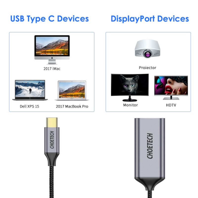 HUB Choetech HUB-H11 chuyển từ TYPE C sang Displayport 4K@60Hz  (hàng chính hãng)