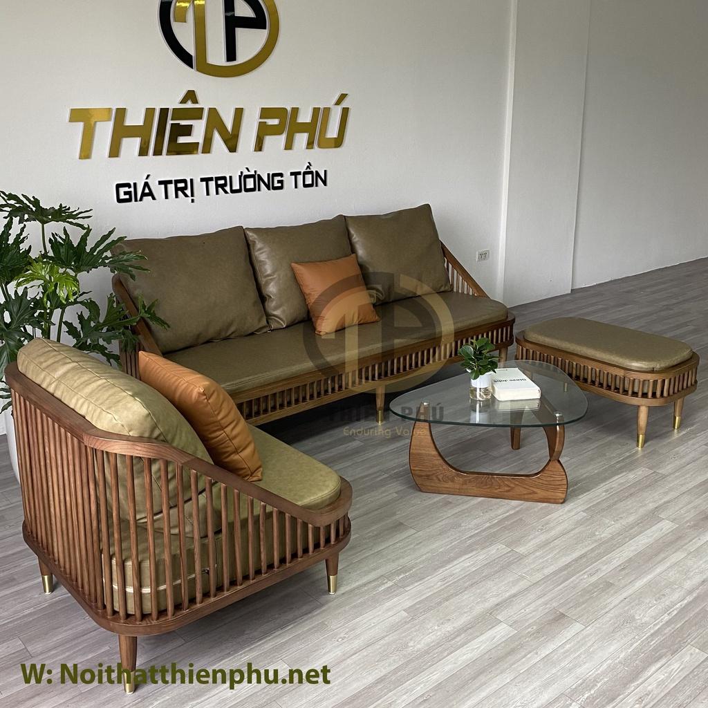 Sofa phòng khách Dedar KBH gỗ tần bì màu nâu walnut bọc da kèm bàn Noguchi