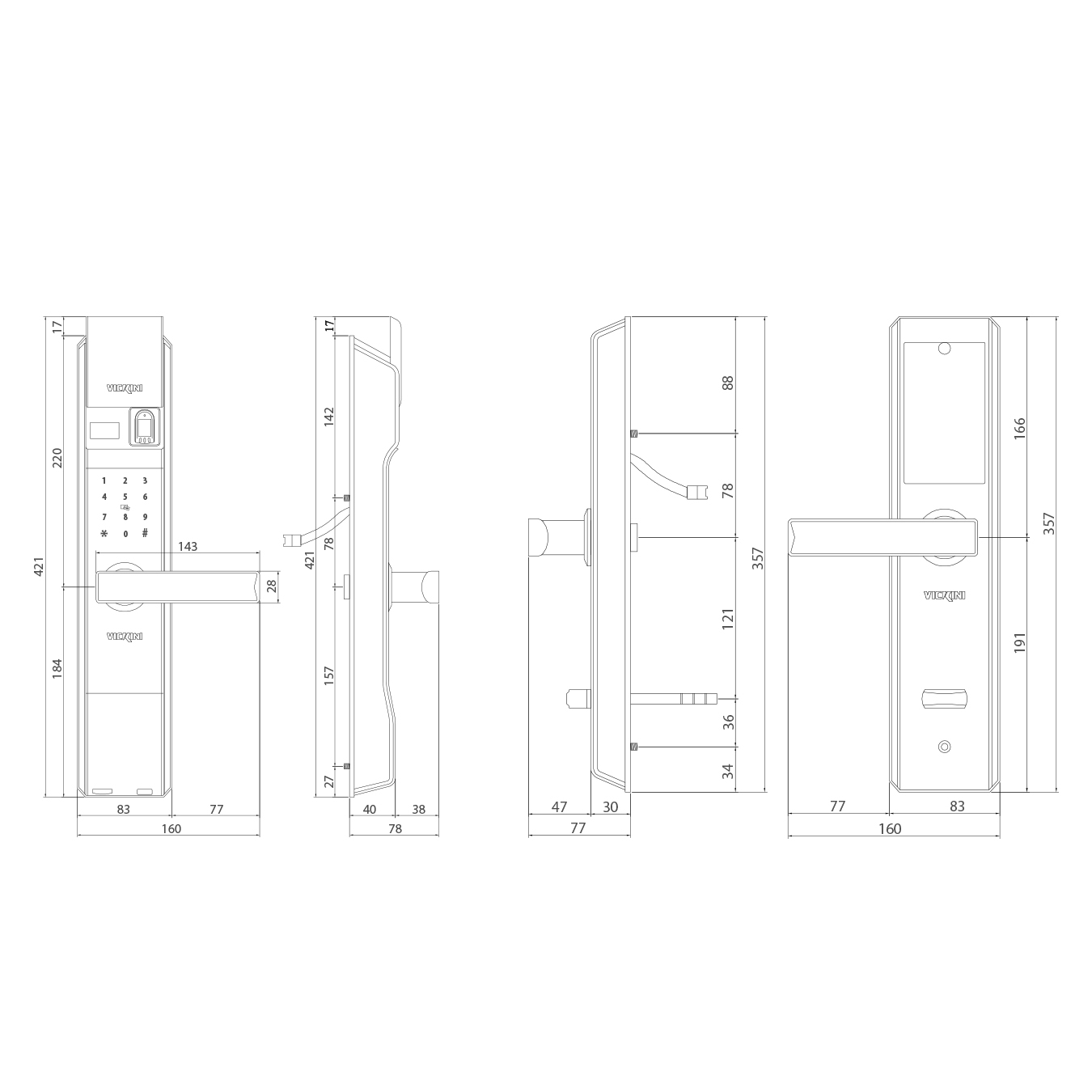 Khóa cửa điện tử VICKINI 39812.002 MSN ken xước mờ. Mở bằng Vân tay, mật mã, thẻ từ, chìa cơ, app. Hàng chính hãng