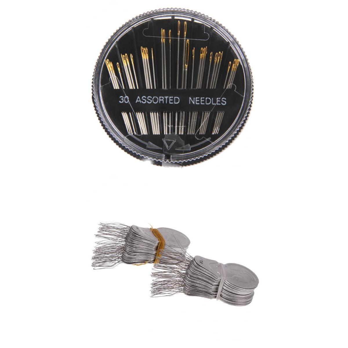 30 Pieces/Set Assorted Repair Sewing Needles Hand Mending Quilting Darning Crafting Craft Quilt Embroidery Leather Tool & 100 Pieces Silver Needle Threader Inserter Wire Bow Sewing Threading
