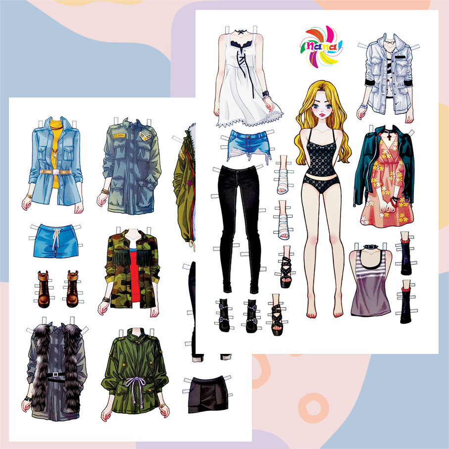 Búp bê giấy (paper doll) thay đồ thời trang đồ chơi cắt thủ công cho bé Combo 6 hình siêu đáng yêu BBG009